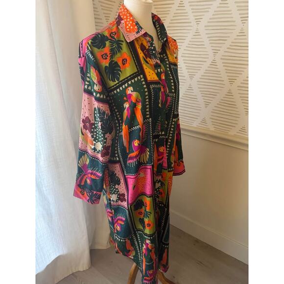 Live 4 Truth Large Tropical Print Multicolor Floral Toucan Button Up Shirt Dress - Picture 6 of 7